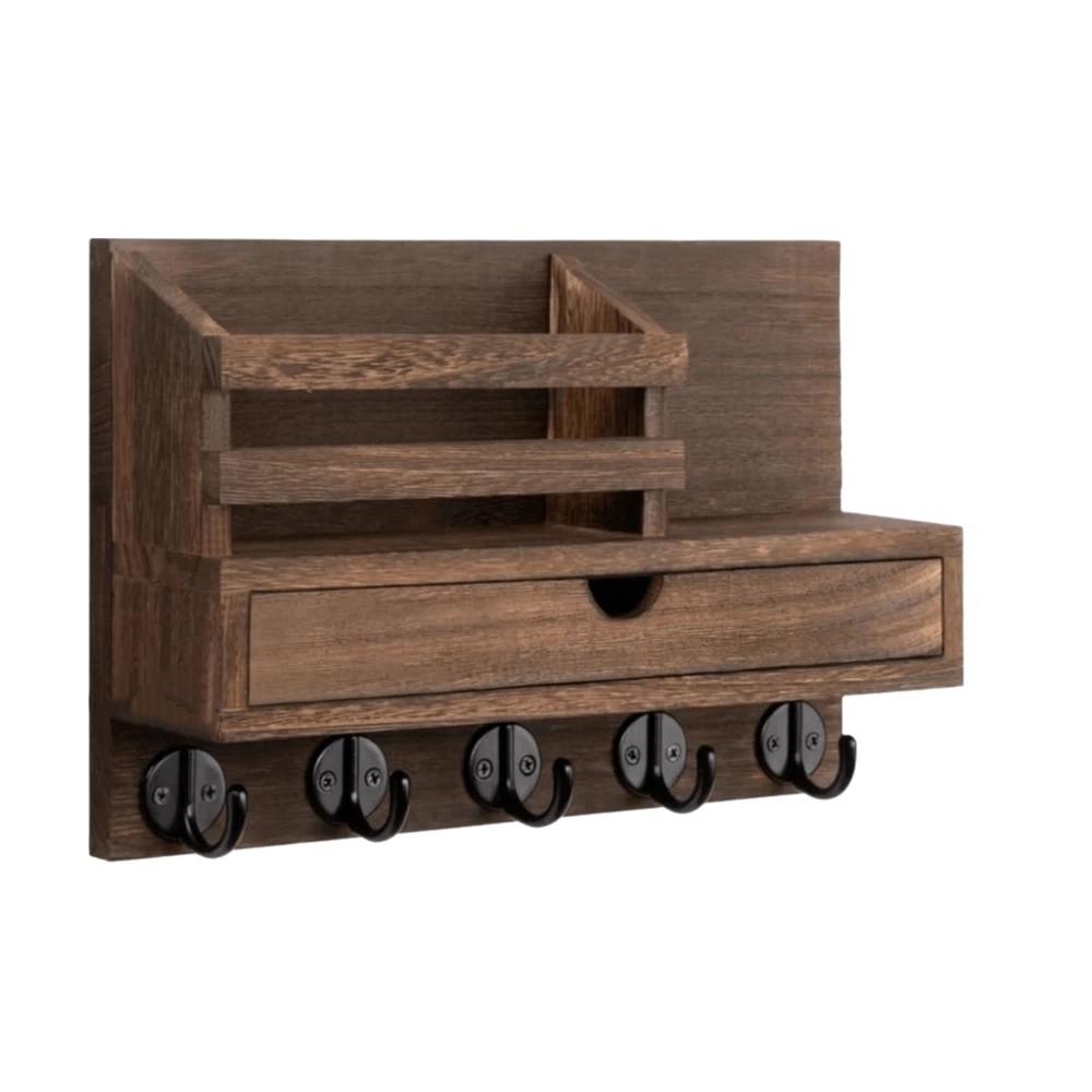 Solid Wood Wooden Wall Mounted Storage Rack Multiple Hooks Key Hanger Coat Rack  Home Storage коричневый