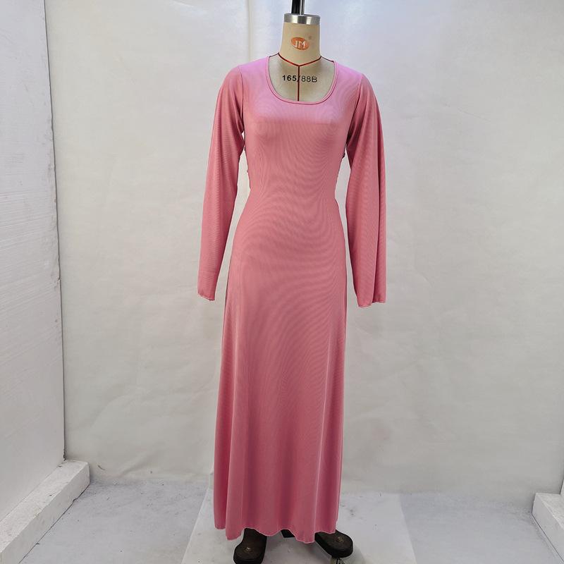 Women's Autumn Loose U Neck Back Tie Long Sleeve Dresses