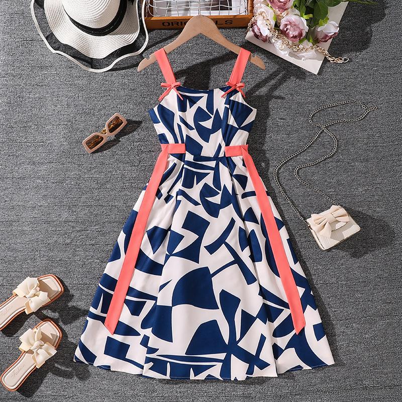 Sweet Blue Dress for Girls Spring/Summer Children s Elegant Spaghetti Strap Dress 130cm=8Y