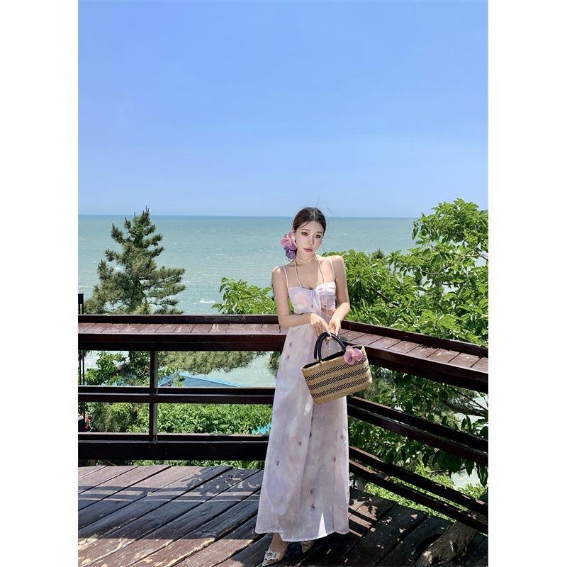 Spot Phalaenopsis Hollow Pleated Purple Suspender Dress Women's Summer New Vacation Dress