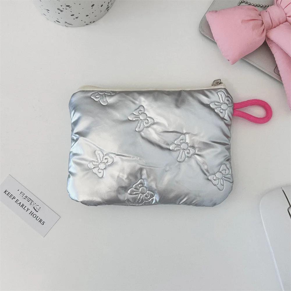 Silver Lingge Bow Pattern Coin Purses Small Canvas Coin Wallet Lady Girls Earphone Coin Key Money Storage Bag Zipper Pouch