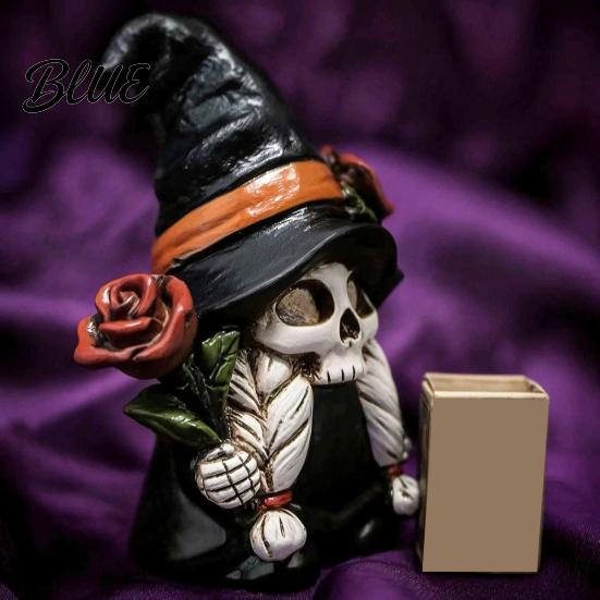 Gnome Table Centerpiece Halloween Skeleton Figurine Gothic Witch Hat Dwarf Statue Holiday Party Ornament Holding Rose Sculpture for Decoration