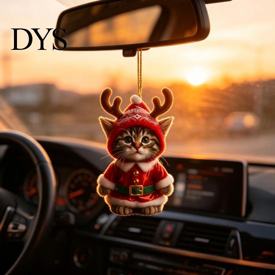 Santa Hat Kitten Charms Cat Christmas Ornament, Acrylic Car Mirror Hanging Decor with Holiday Gift Packaging Embellishments Reindeer Antlers, 2D Cute