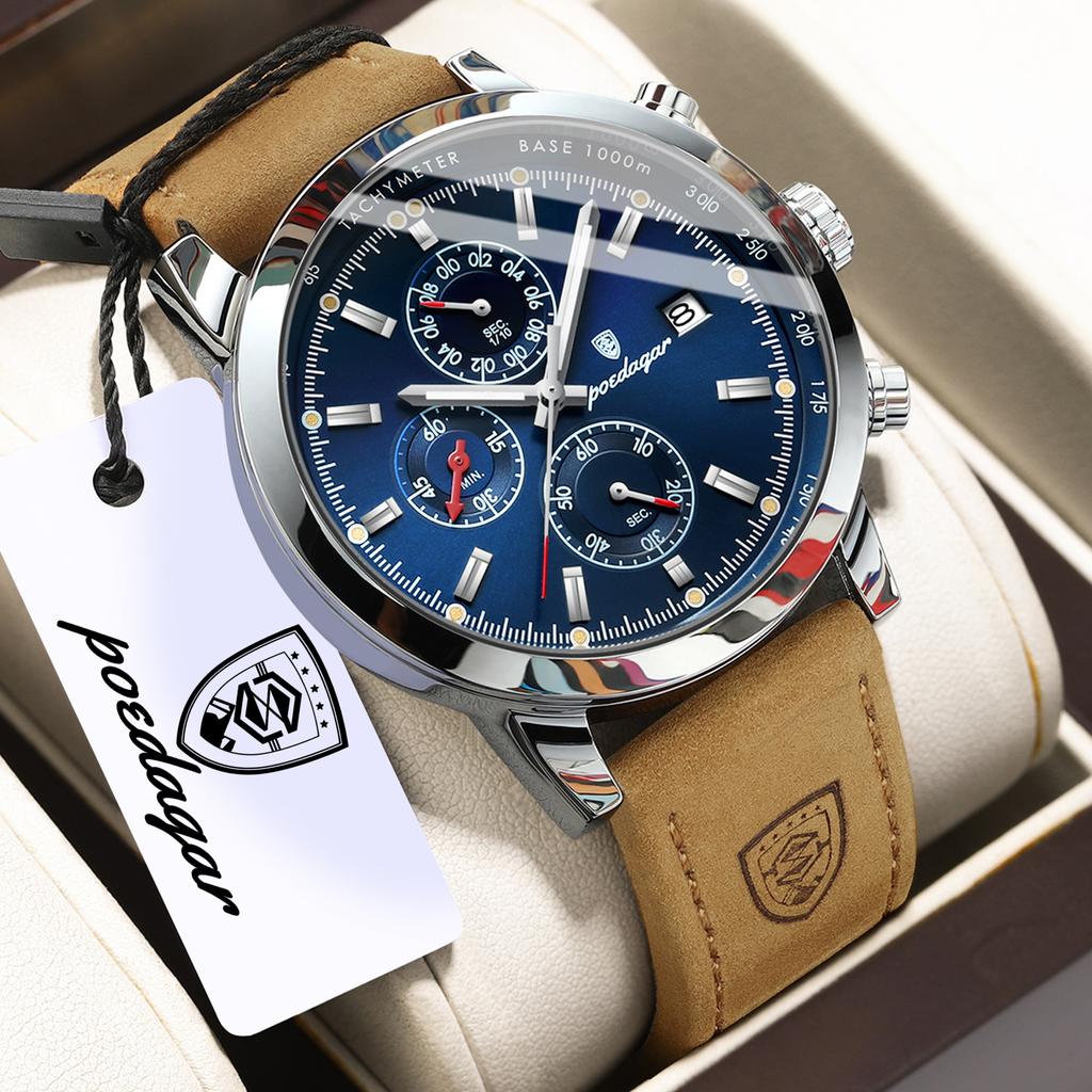 POEDAGAR Functional Luxury Man Wristwatch Date Waterproof Luminous Chronograph Men Watch Male Leather Quartz Watches