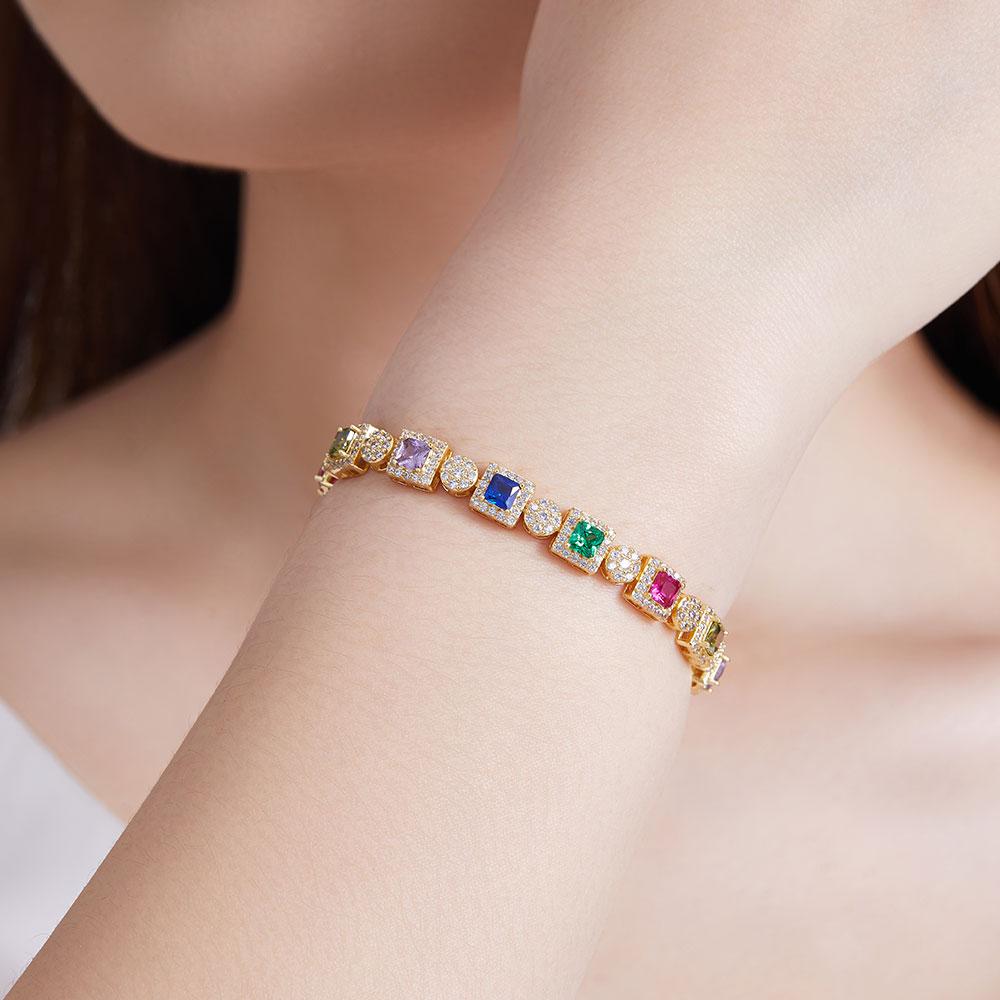 Hochwertiger edler Schmuck, elegantes 14 Karat vergoldetes Armband, mehrfarbige quadratische Zirkon-Armbänder