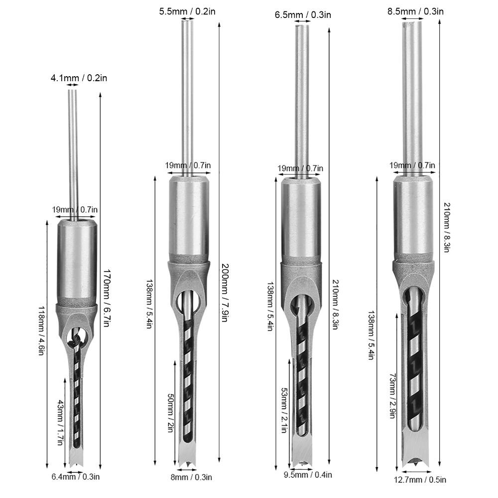 4pcs 6.4/8/9.5/12.7mm Square Hole Drill Bits Square Hole Mortising Chisel Woodworking
