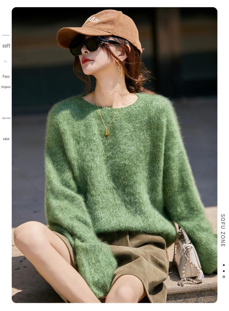 Women’s Wool Sweater: Seven-Needle Brushed Yarn, Unique Texture, Thick, Warm, Loose Fit for Autumn/Winter