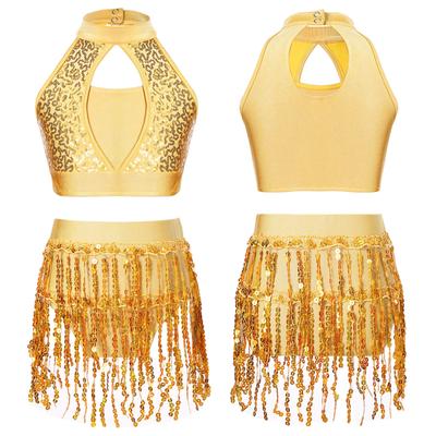 Set de dans strălucitor din 2 piese pentru copii și fete, cu top halter cu paiete și pantaloni scurți cu franjuri, costum de petrecere latină