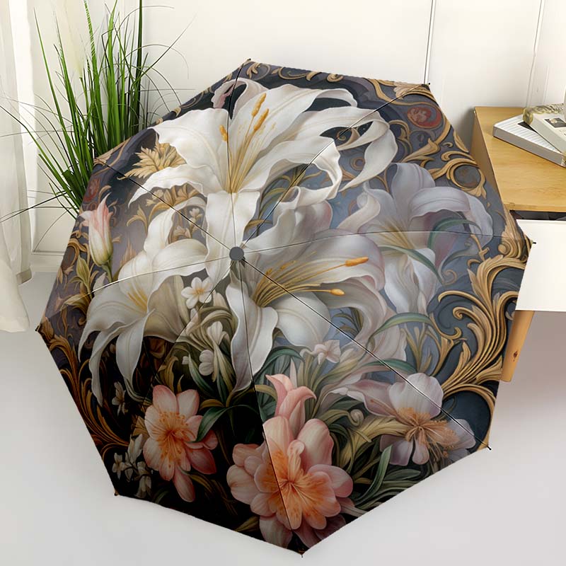 Flowers Folding Umbrella - Fashionable Auto-Open Design 8 Iron Ribs Plastic Handle Foldable Sunshade Perfect Christmas Gifts
