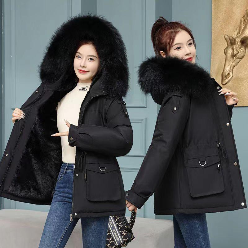 Parka Women's New Winter Hooded Large Fur Collar Down Jacket Women's Short Style Plus Velvet Thickened Loose Slim