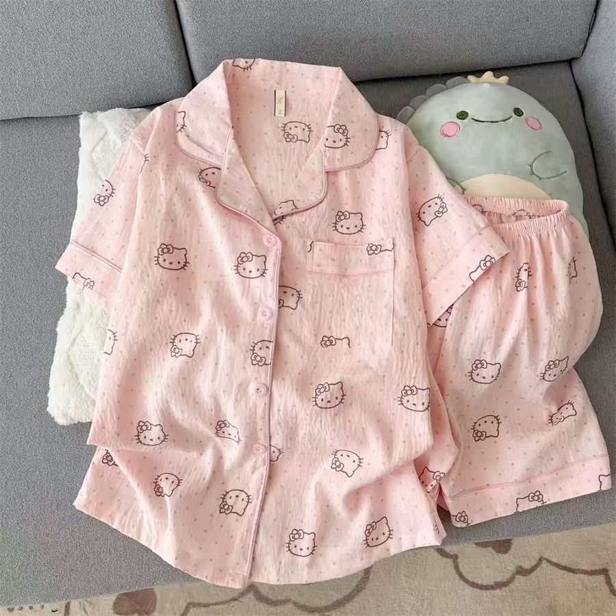 

Pink polka dot Hello Kitty pajamas women s summer short-sleeved shorts cardigan thin two-piece set women s soft cute loungewear S