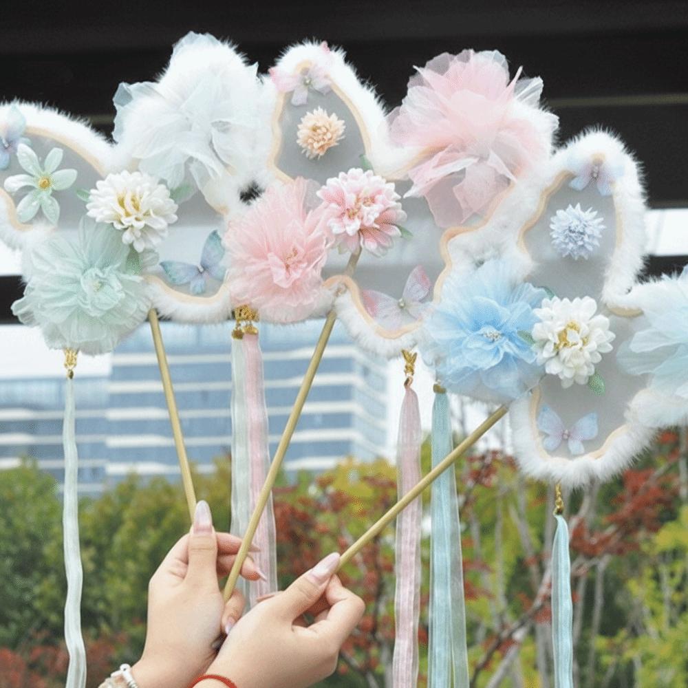 Handmade Silk Flower Fan Fluffy Embroidered Fan Elegant Photo Props Dance Performance