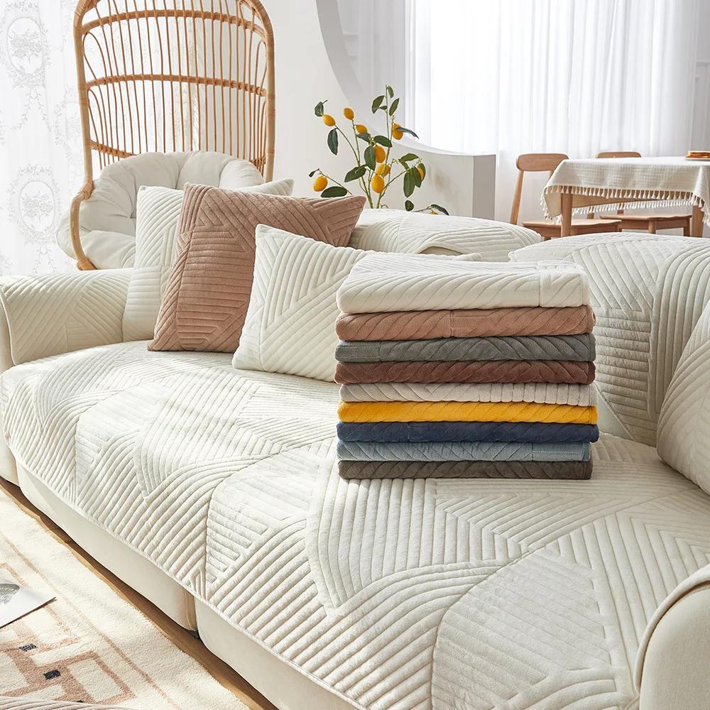 Solid Plush Sofa Covers Stripe Sofa Cushion Armchair Towel Furniture Seat Cover Thick Sofa Slipcover for Living Room Daybed
