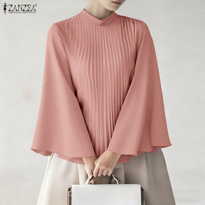 ZANZEA Blouse ample décontractée à manches longues évasées et col montant pour femmes