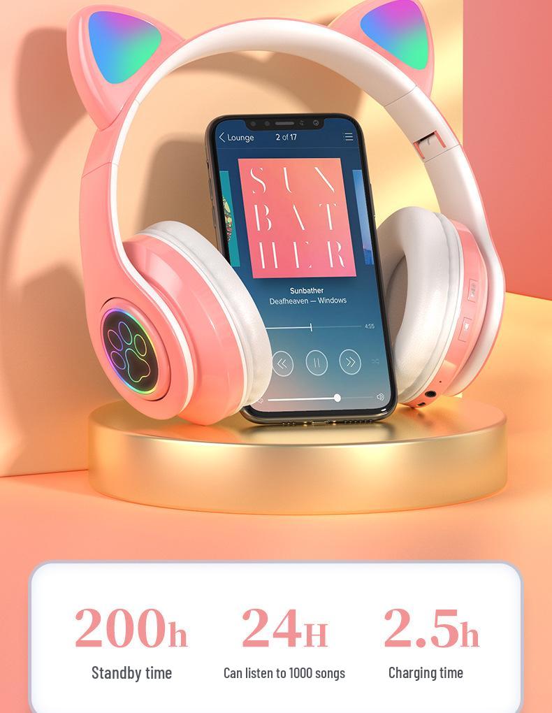 Cat Ear Luminous Bluetooth Headset B39: Foldable, Card Slot, Wireless Earbuds, Universal Compatibility