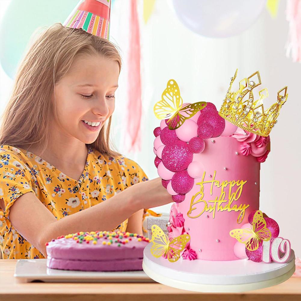 Princess Birthday Cake Decoration Set With Crown Topper Butterfly Cutouts Pink Gold Balls Birthday Cake Accessories For Girls