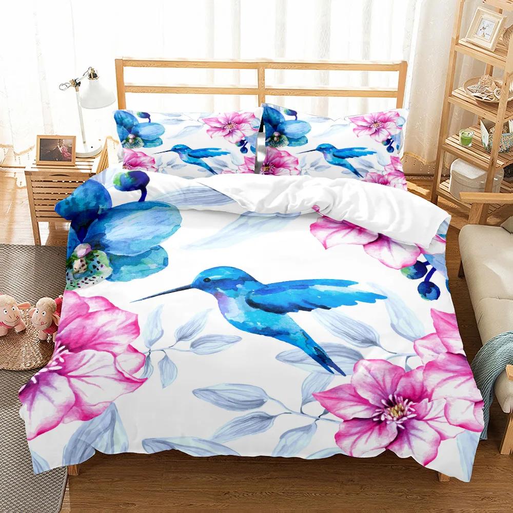 Flowers Parrot King Queen Duvet Cover Cartoon Birds Floral Bedding Set For Adults Animals Leaves 2/3Pcs Polyester Quilt Cover