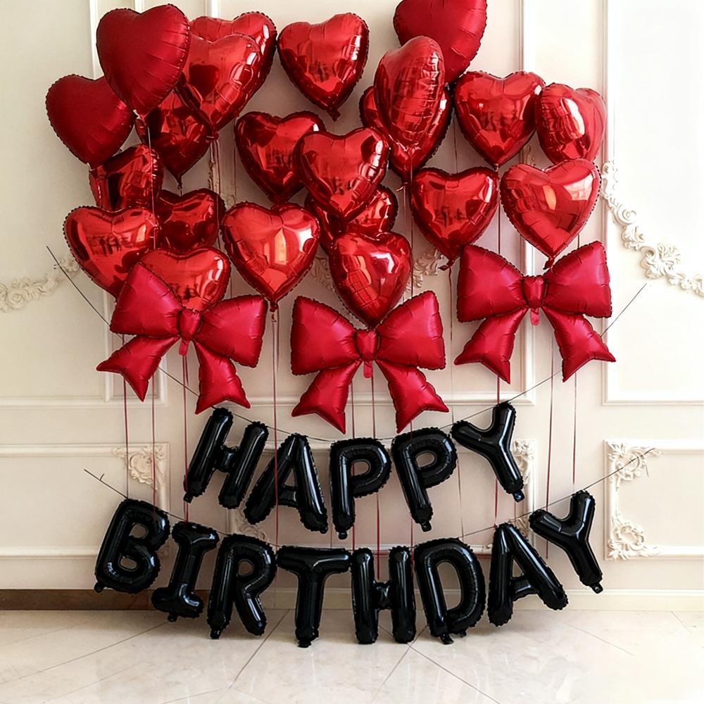 29 PcsBlack Happy Birthday Balloon Set Red Heart Balloon Bow Aluminum Film Balloon Birthday Party Decoration Photography Props