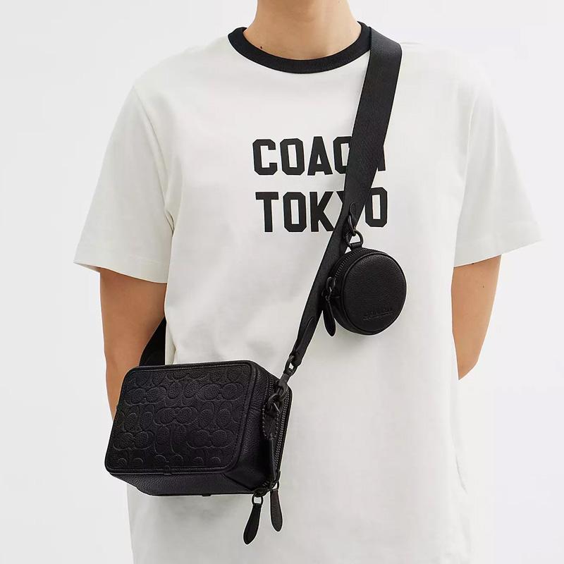Coach Charter 19 Embossed Monogram Double Zipper Solid Color Leather Crossbody Bag Small Men bags Black CP268-BLK