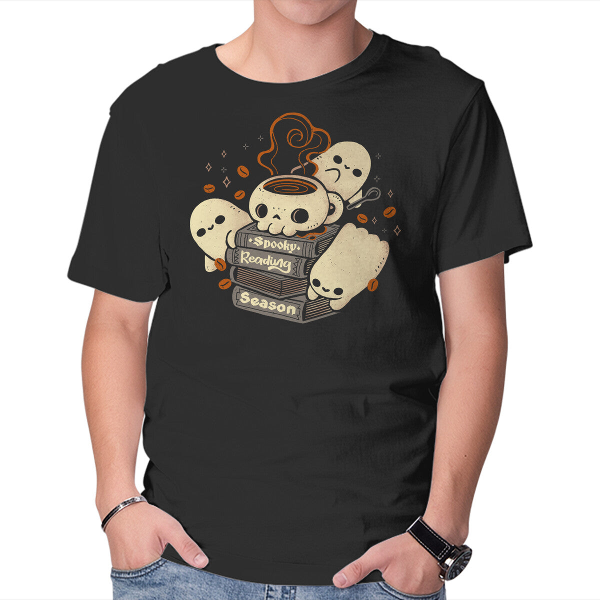 Unisex Crew Neck T-Shirt Spooky Reading Season Graphic Short Sleeve Casual Tee S