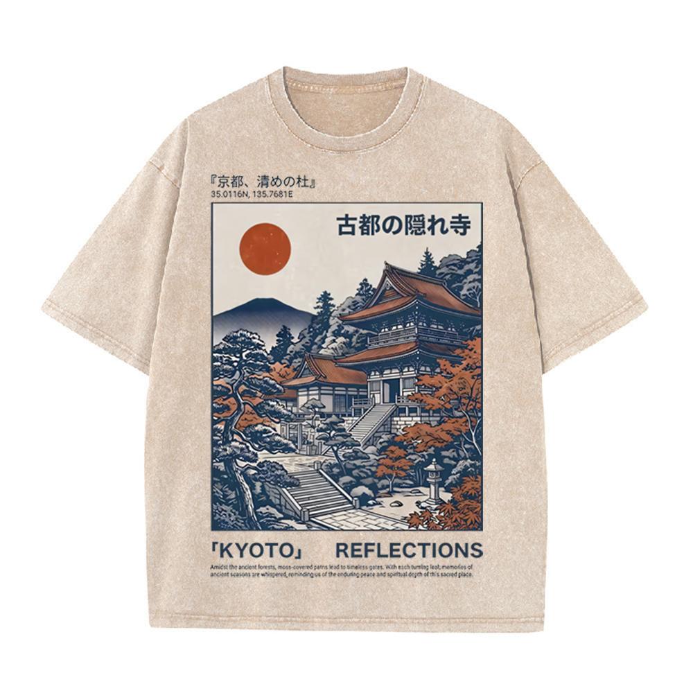 2026 Vintage Washed Beige Tokyo Shibuya City Street Graphic T Shirt Japanese Retro Urban Landscape Print Oversized Casual Short