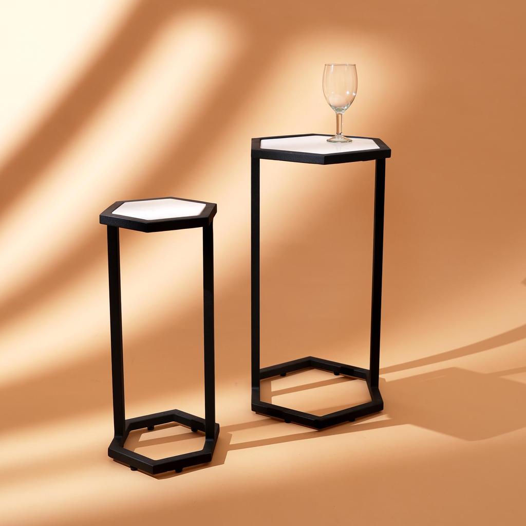 Hexagonal Marble Table Set of 2 – Modern Nesting Accent Tables with Black Metal Base