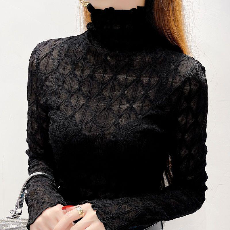

Мягкая сетчатая рубашка с высоким воротом для женщин на осень и зиму с тонкой прозрачной марлей и черными краями в виде грибка, с длинными рукавами и стильным кружевным топом L чёрный