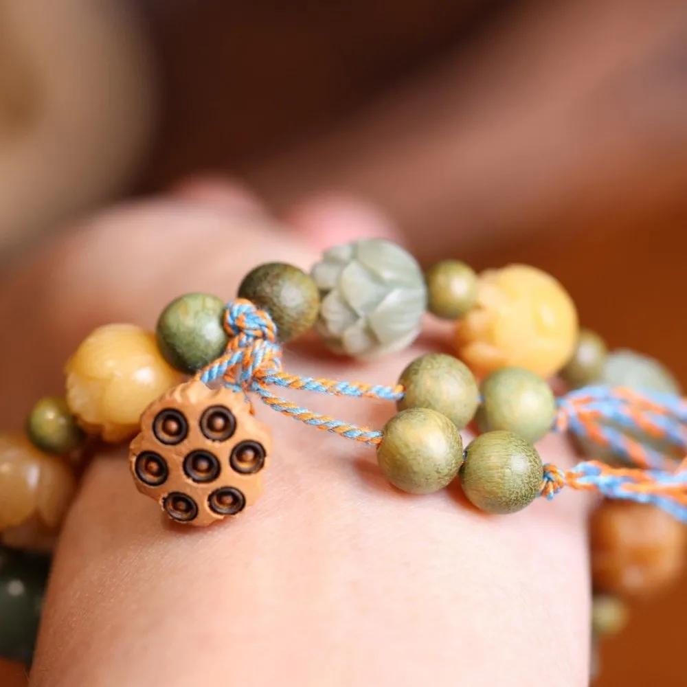 Charm Jewelry Tibetan Buddha Bracelet Natural Resin Lotus Charm Bodhi Lotus Bracelet Tassel Lucky Wooden Beads Bracelet