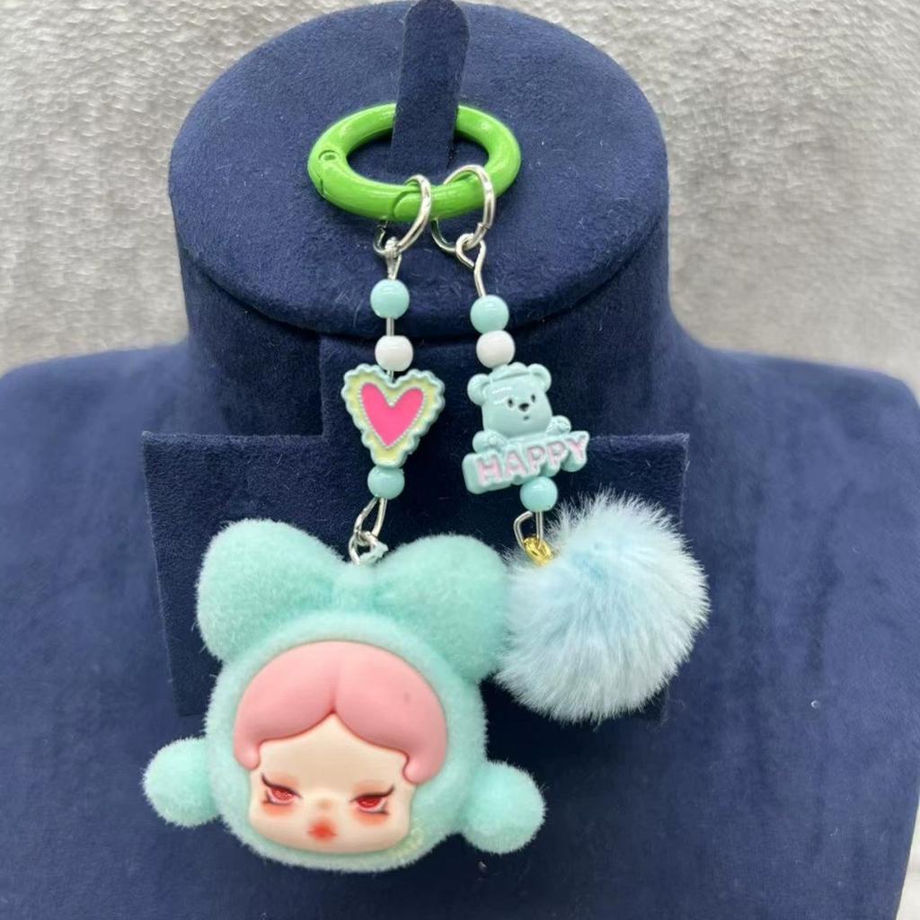 Cute SP Girl Mini Flocking Cartoon Kawaii Particles labubu Phone Chain Keychain Backpack Pendant Shoulder Bag Phone Charm Key Chain Gift