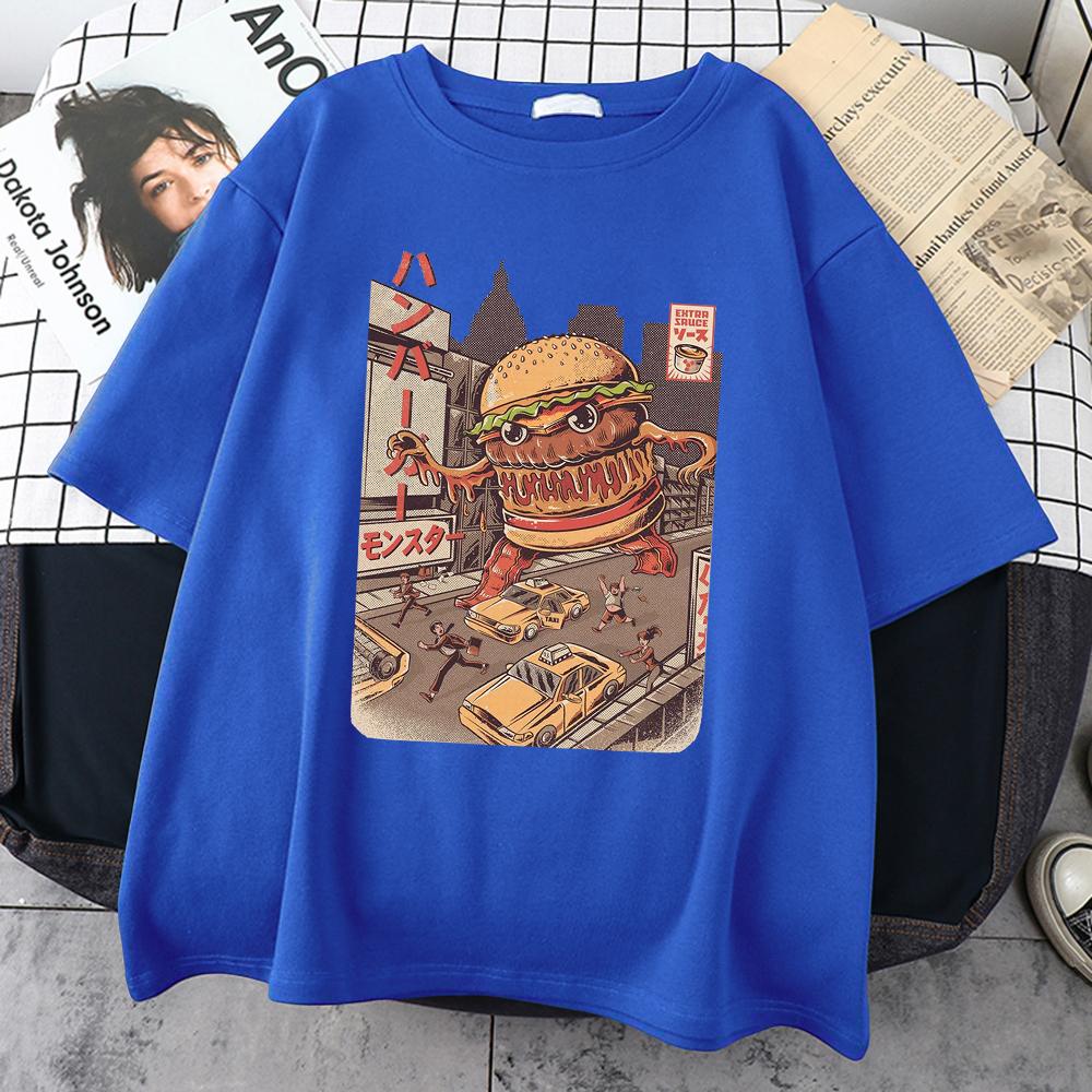 

Футболки мужские хлопковые в стиле укиё-э, в японском стиле, Burgerzilla, японский Харадзюку, повседневные топы, одежда оверсайз, с коротким рукавом M