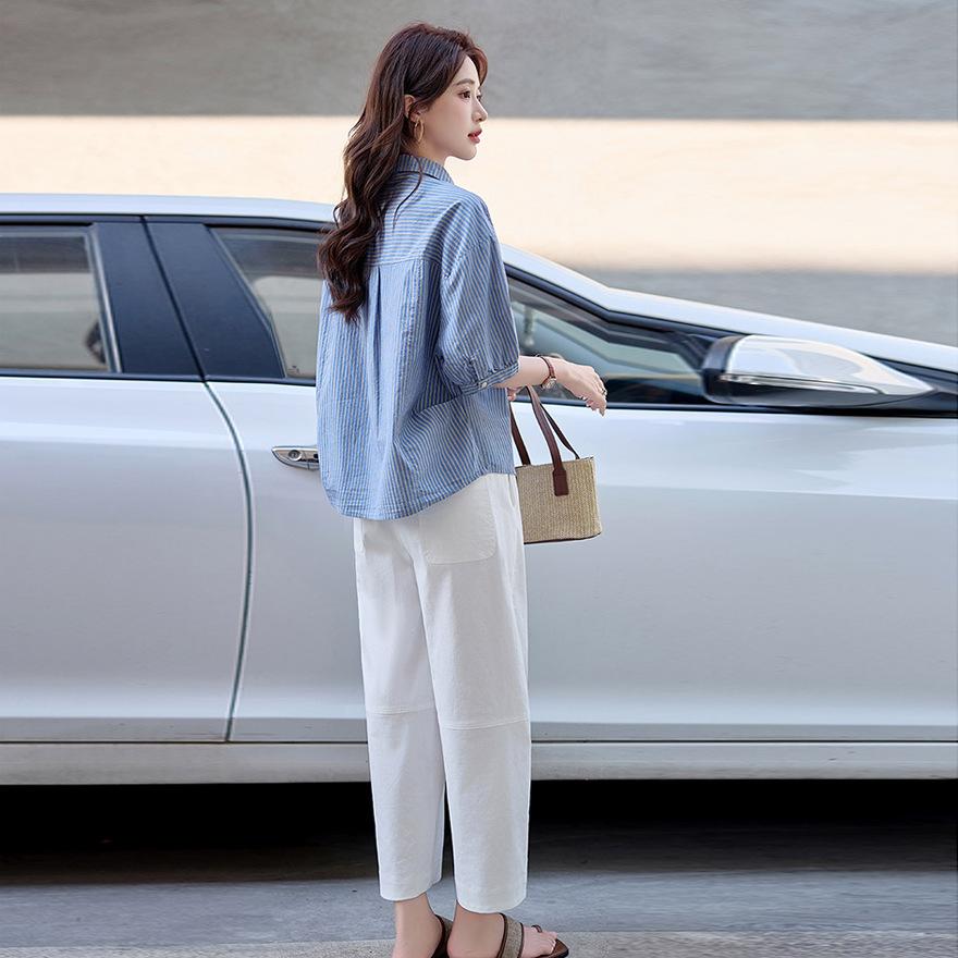 Blue striped medium-sleeved shirt, casual pants, women's suit, new loose age-reducing, thin and meat-covering fashion two-piece set