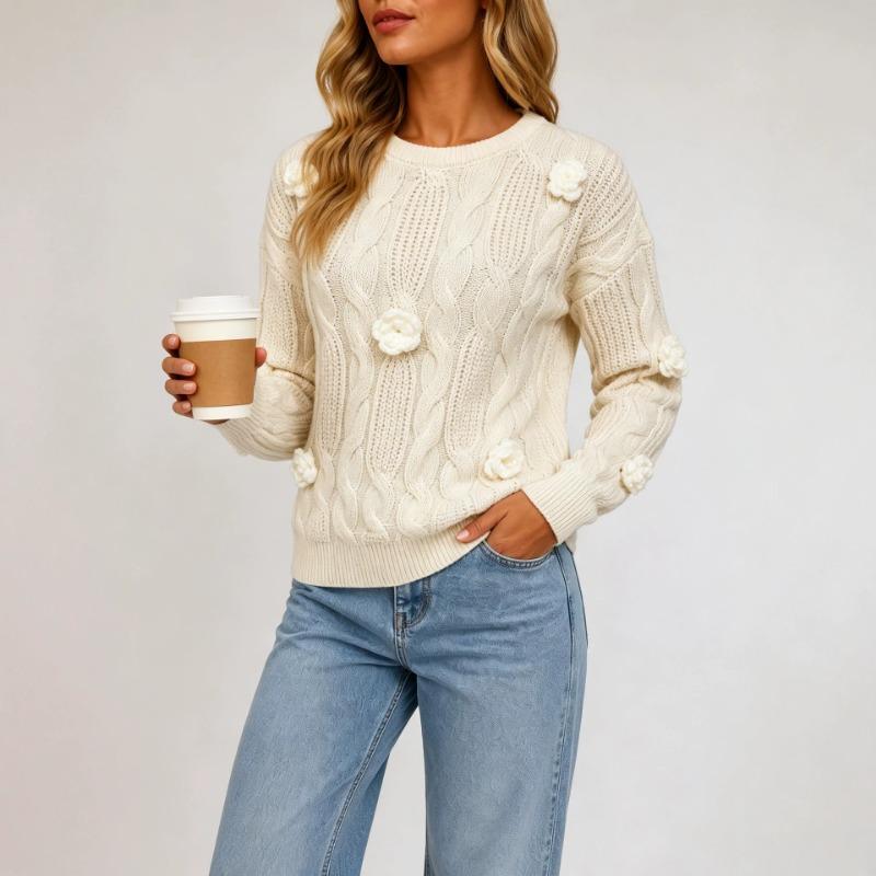 Women S Long Sleeve Pullover Sweater With 3d Rose Crochet Embroidery