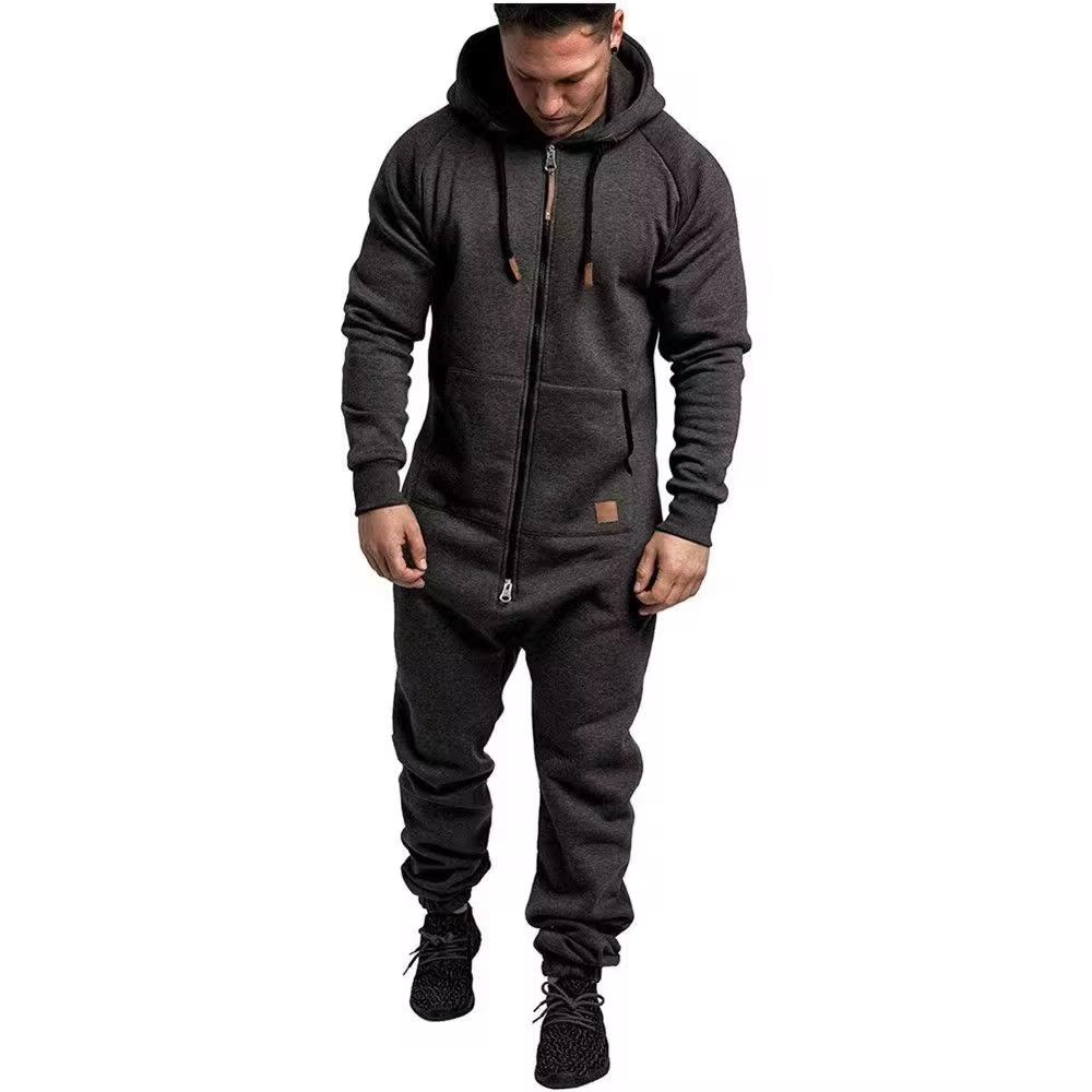 Winter Men's Hooded Fleece Jumpsuit with Solid Color and Color Blocking Casual Workwear Set for Men