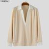 INCERUN Oversized Spring Men Deep V Neck Casual Long Sleeve Stitching Pullover T-shirts Tops
