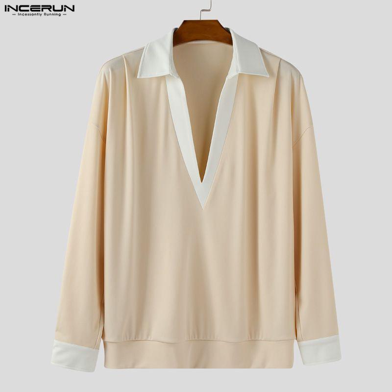 INCERUN Oversized Spring Men Deep V Neck Casual Long Sleeve Stitching Pullover T-shirts Tops