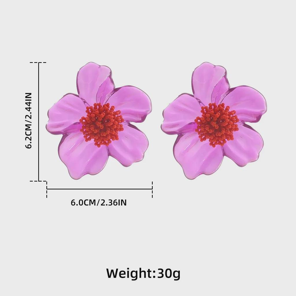 Large Purple Resin Flower Bohemian Handmade Beaded Earrings for Women