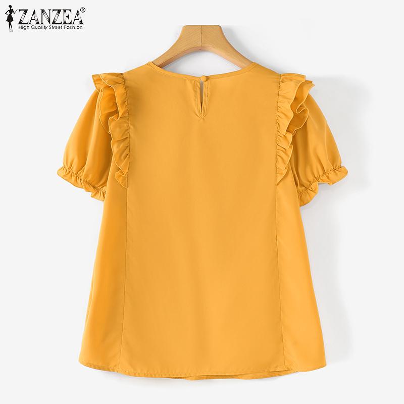 ZANZEA Damen Sommerbluse mit Rundhalsausschnitt, kurzen Ärmeln, gestreift, Rüschen