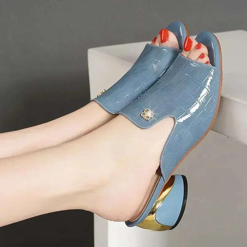Fashion Women Slippers Rhinestone Low Heels Sandals Shoes Comfort Lady Open-Toe All-Match Female Slides 2024 New Summer Outdoor Leisure