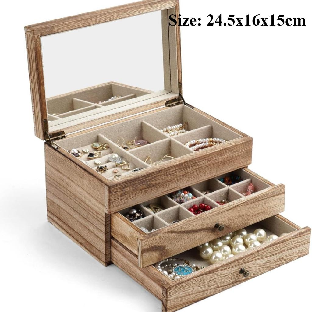 Vintage Jewelry Box Solid Wood Containers Two Layers Necklace Earrings Display Boxes with Mirror Jewelry Accessories