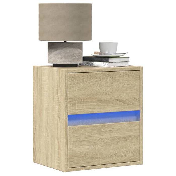 VidaXL Wall-mounted Bedside Tables with LED Lights 2 Pcs Sonoma Oak, Floating Bedside Table, Phone Holder, 3307966