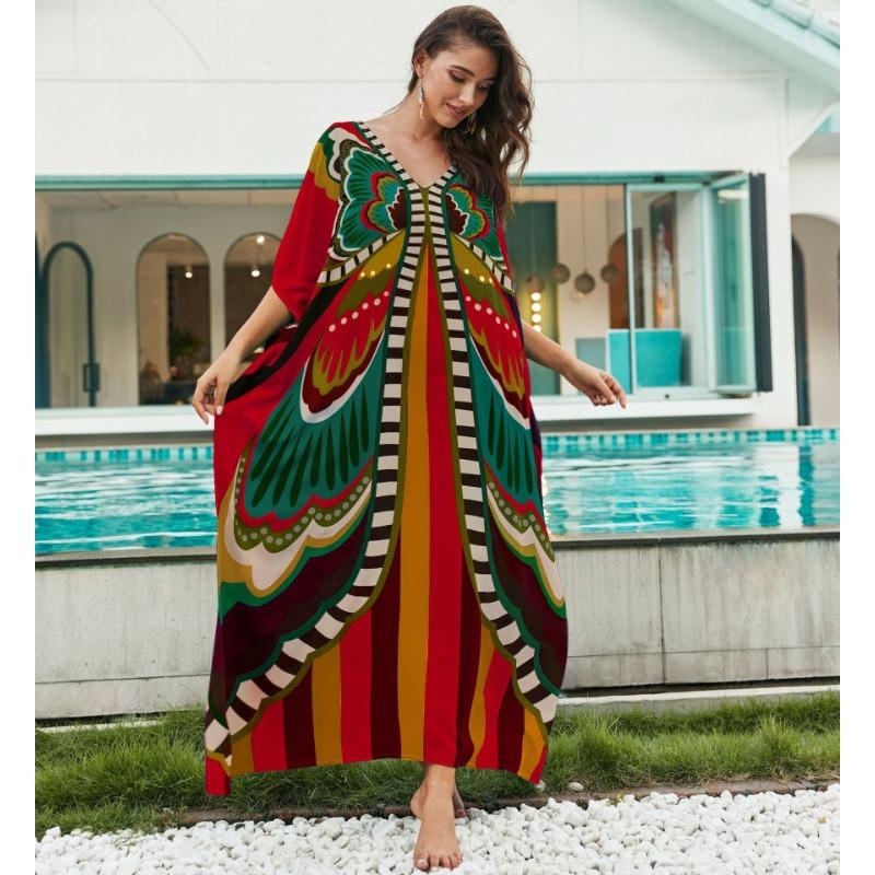 Summer Women's Dress Plus Size Printed Beach Cover-up Loose Holiday Sunscreen Bikini Cover-ups