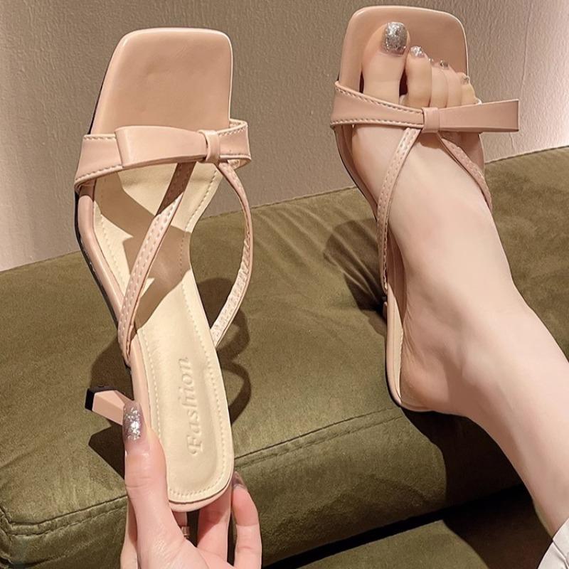 Fashion Bow-knot Square-toe Slippers for Women Xia 2025 New Outward Wear, Flip-flops, High Heels with Skirt Temperament