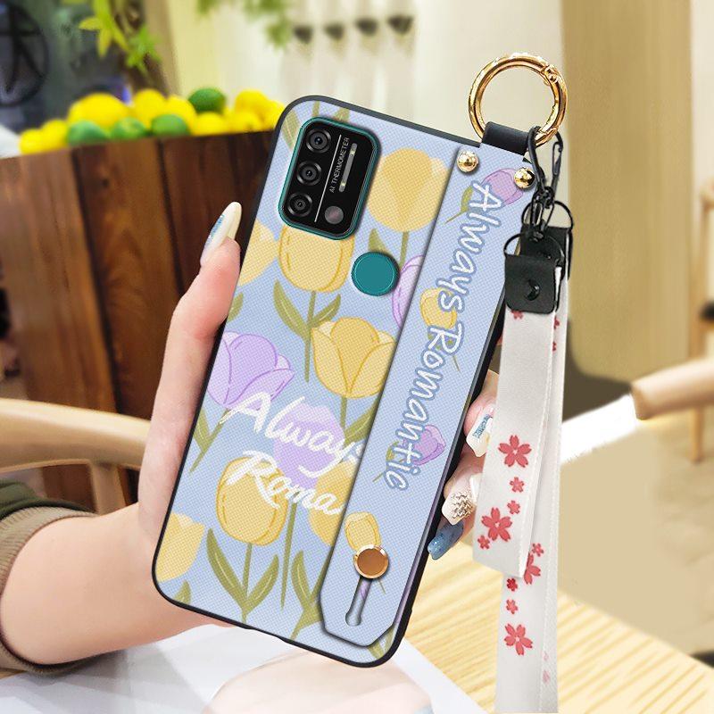 Silicone Waterproof Phone Case For UMIDIGI A9 Protective Oil Painting Flower Wrist Strap Kickstand Dirt-resistant Ring