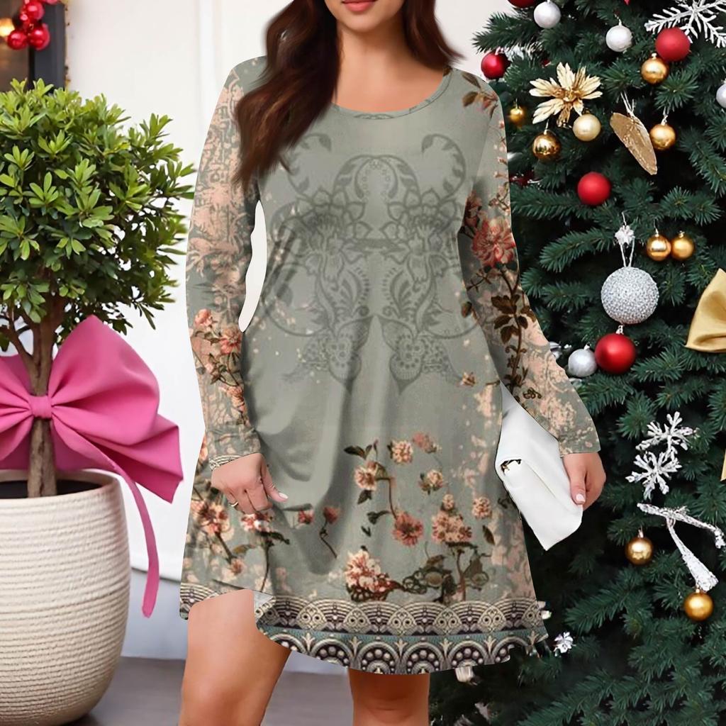 Plus Size Women's Gradient Print Casual Spring/Autumn Pocket Round Neck Long Sleeve Dress