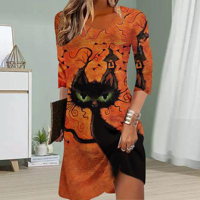 Robe décontractée pour femme, imprimé chat noir, col rond, manches courtes, grande taille, automne