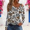 Women Plus Size Leopard Printed Asymmetric Cutout Neck Cold Shoulder Long Sleeve Fitted Top