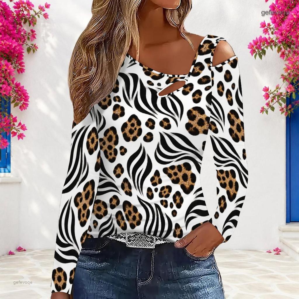Women Plus Size Leopard Printed Asymmetric Cutout Neck Cold Shoulder Long Sleeve Fitted Top