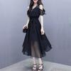 Elegant Fashion V-neck Zipper Off Shoulder Short Sleeve A-LINE Dress Summer Black Solid Color Chiffon Empire Women's Clothing