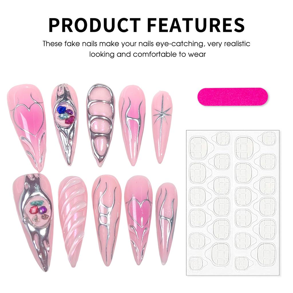 10PCS 503 Long Pointed Rhinestone Baroque Metallic Blush Hand-Painted Line Art DIY False Nails
