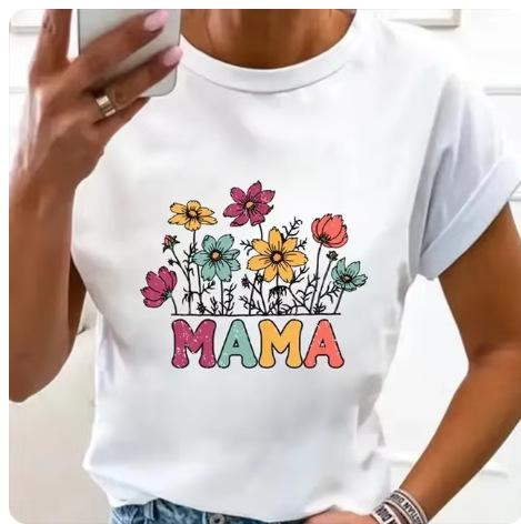 Large Size Women's Flower Mom Vintage Trend Clothing Printed T-Shirt Clothing Summer Basic Top Short Sleeves